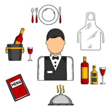 Waiter profession with food and restaurant icons
