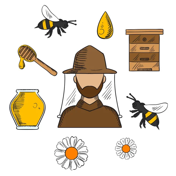 Conceito de apicultura com símbolos de apicultura e apicultura — Vetor de Stock