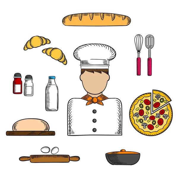 Baker icons with bakery and ingredients — Stok Vektör