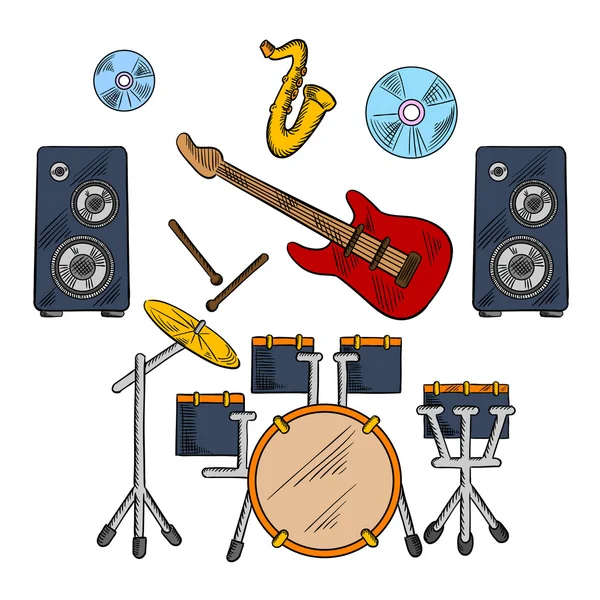 Musical band instruments sketched icons — Stock Vector