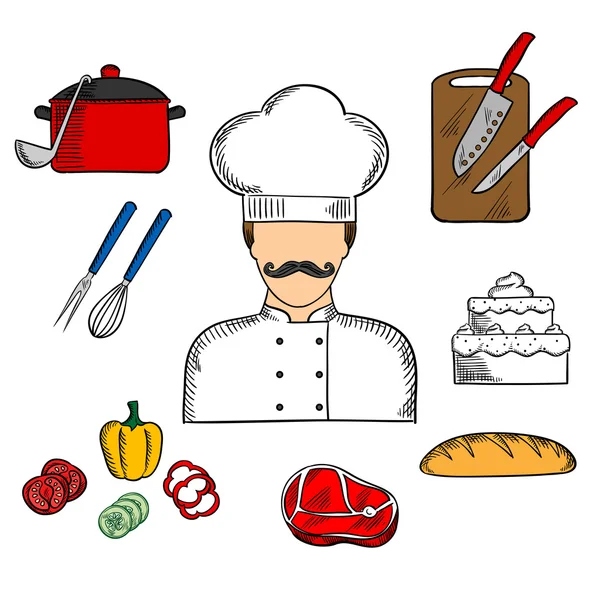 Cocinero o chef con comida y utensilios de cocina — Vector de stock