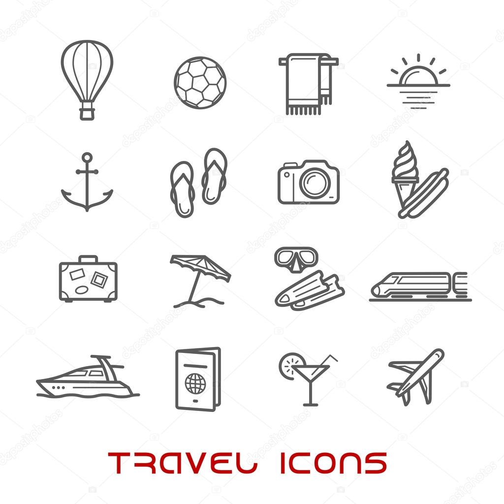 Travel and leisure thin line icons with airplane and luggage, passport and sun, hotel services, yacht, anchor and cocktail, beach umbrella and toys, photo camera and diving mask, hot air balloon