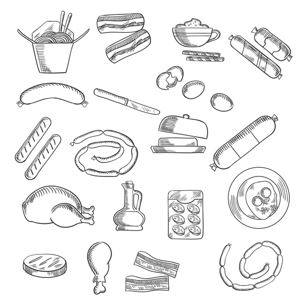 Fast food, snacks and meat sketched icons — Stock Vector