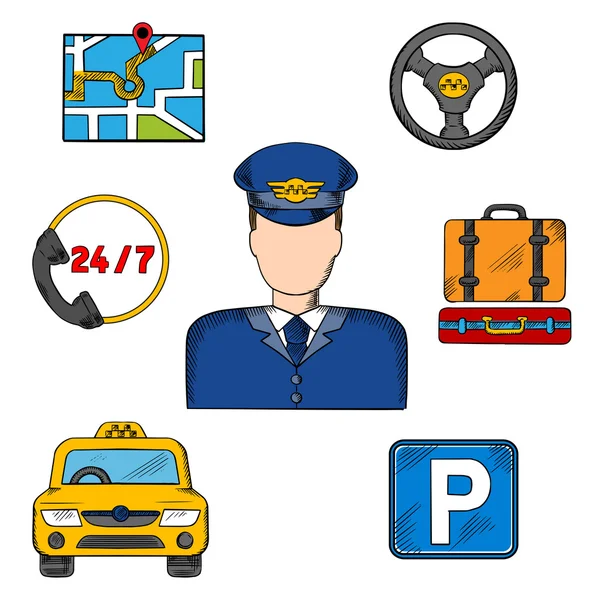 Iconos de servicio y profesión de taxista — Vector de stock