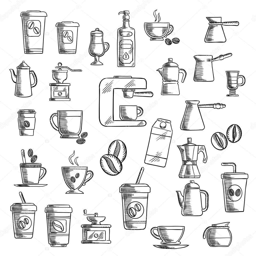 Coffee icons with takeaway cups, beans and coffee pots, coffee grinder, cappuccino and espresso, percolator and coffee machine