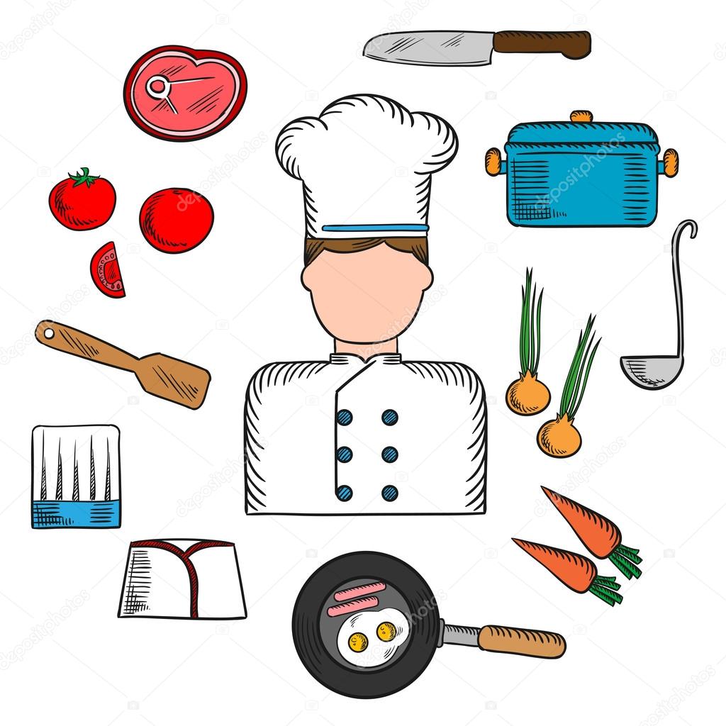 Chef profession with kitchen stuff icons