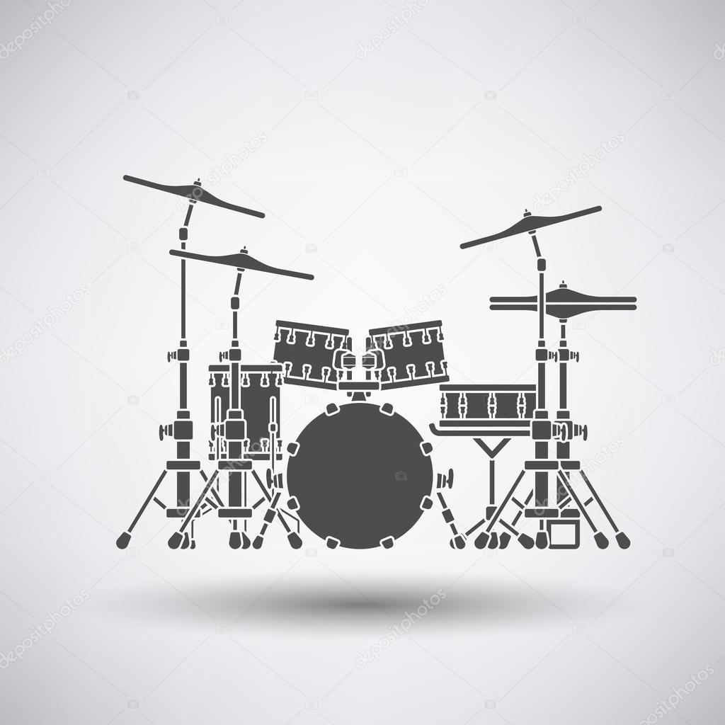 Drum set icon on gray background with round shadow. Vector illustration.