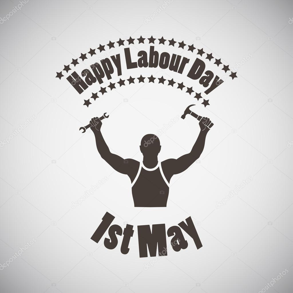 Labour day emblem with silhouette of worker. Vector illustration.
