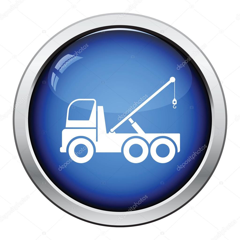 Car towing truck icon. Glossy button design. Vector illustration.