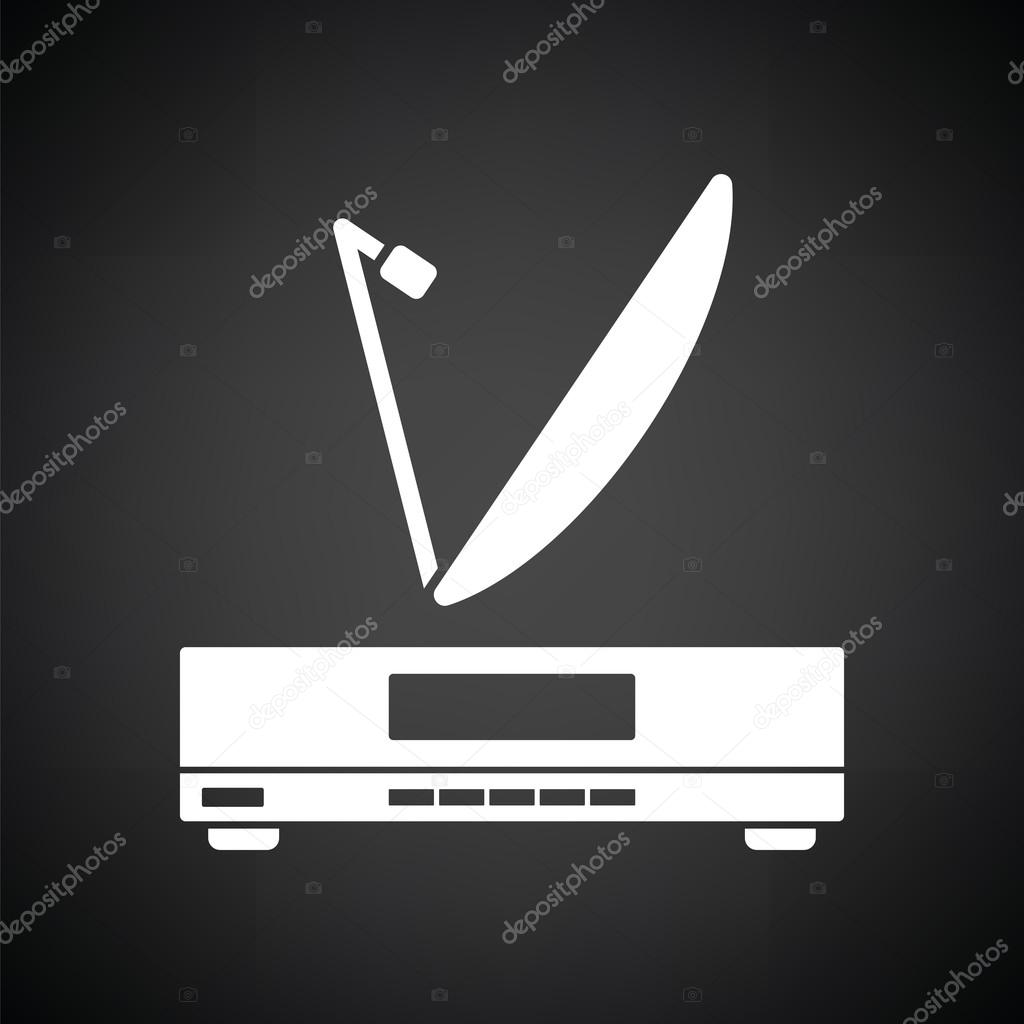 Satellite receiver with antenna icon. Black background with white. Vector illustration.