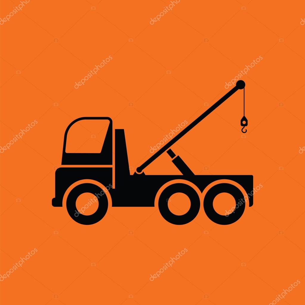 Car towing truck icon. Orange background with black. Vector illustration.