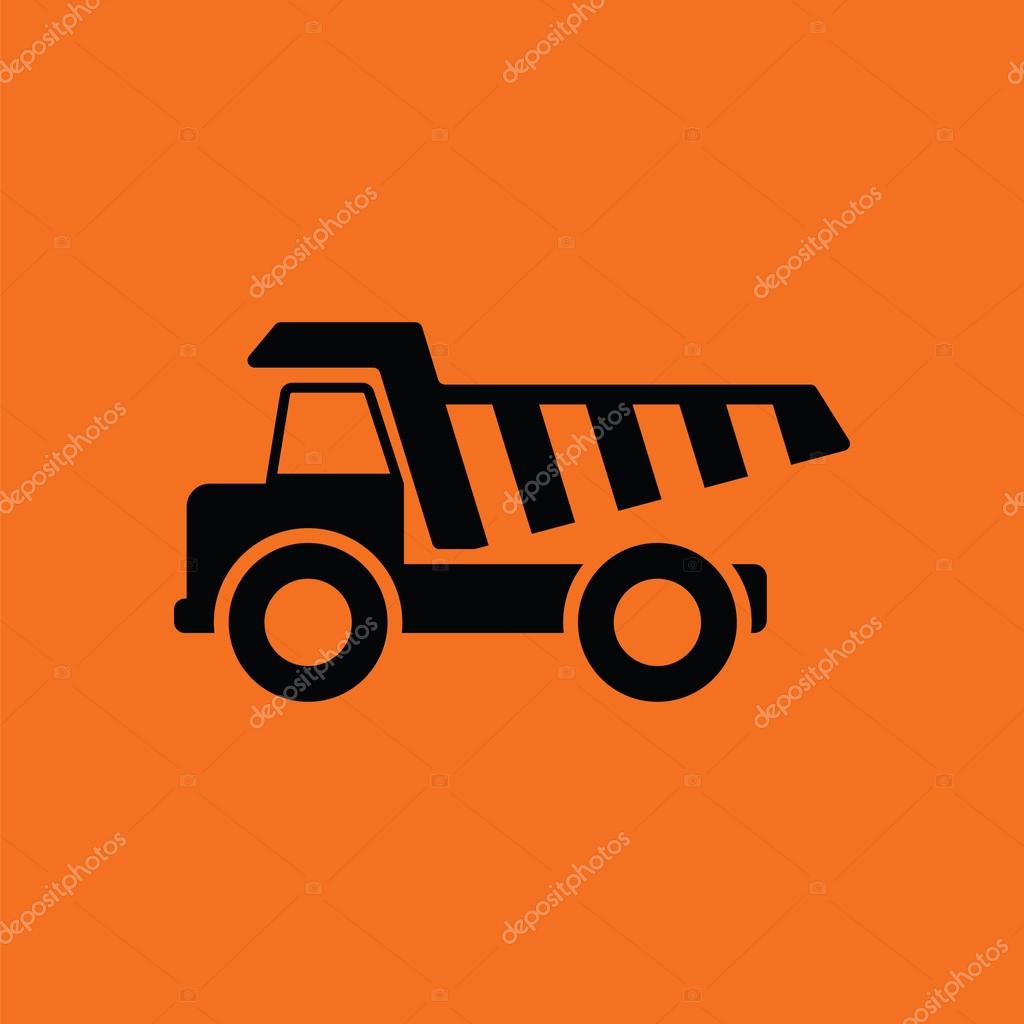 Icon of tipper. Orange background with black. Vector illustration.