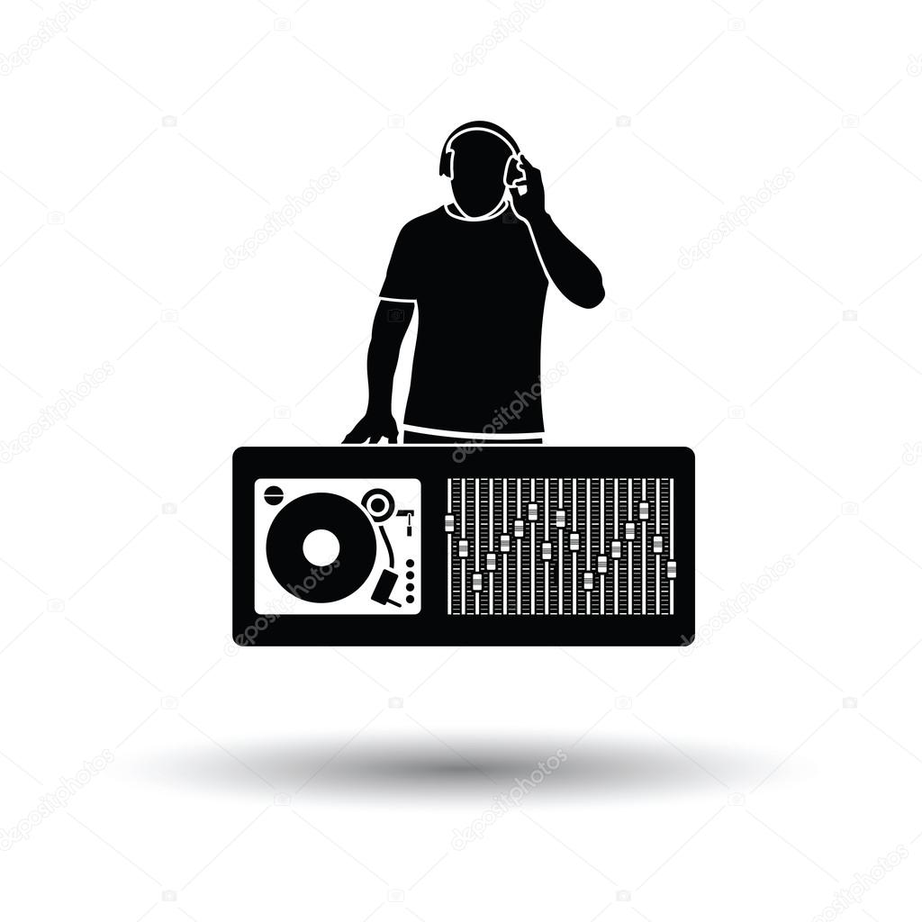 DJ icon. White background with shadow design. Vector illustration.