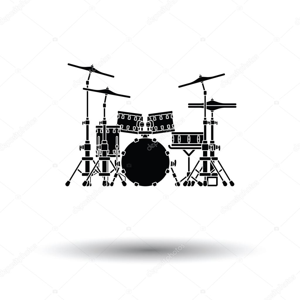 Drum set icon. White background with shadow design. Vector illustration.