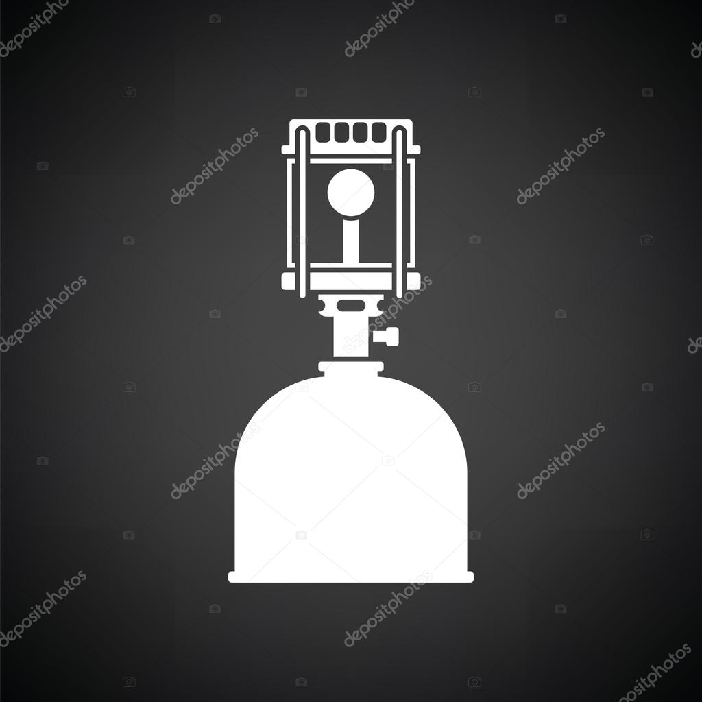 Camping gas burner lamp icon. Black background with white. Vector illustration.