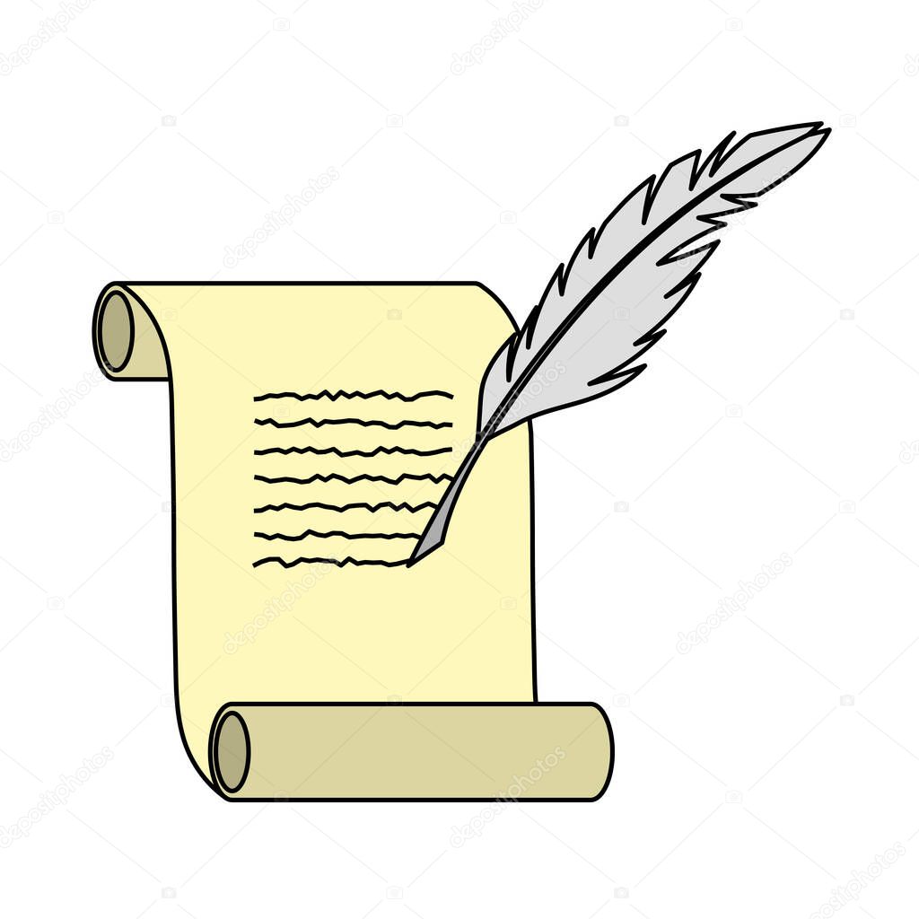 Feather And Scroll Icon. Editable Outline With Color Fill Design. Vector Illustration.