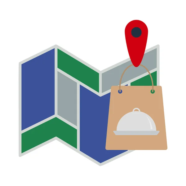 Kaart Met Levering Food Bag Icon Vlakke Kleur Ontwerp Vector — Stockvector