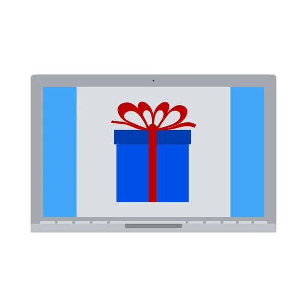 Laptop Met Geschenkdoos Scherm Ikoon Vlakke Kleur Ontwerp Vector Illustratie — Stockvector