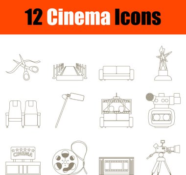 Sinema Simgesi Seti. Doldurma Tasarımı Olmadan İnce Düzenlenebilir Vuruş Çizgisi. Vektör İllüstrasyonu.
