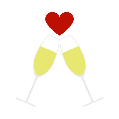 Kalp ikonlu şampanya kadehi. Düz Renk Tasarımı. Vektör İllüstrasyonu.