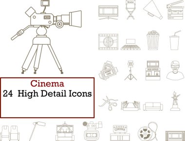 Sinema Simgesi Seti. Doldurma Tasarımı Olmadan İnce Düzenlenebilir Vuruş Çizgisi. Vektör İllüstrasyonu.