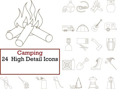 Kamp Simgesi Seti. Doldurma Tasarımı Olmadan İnce Düzenlenebilir Vuruş Çizgisi. Vektör İllüstrasyonu.