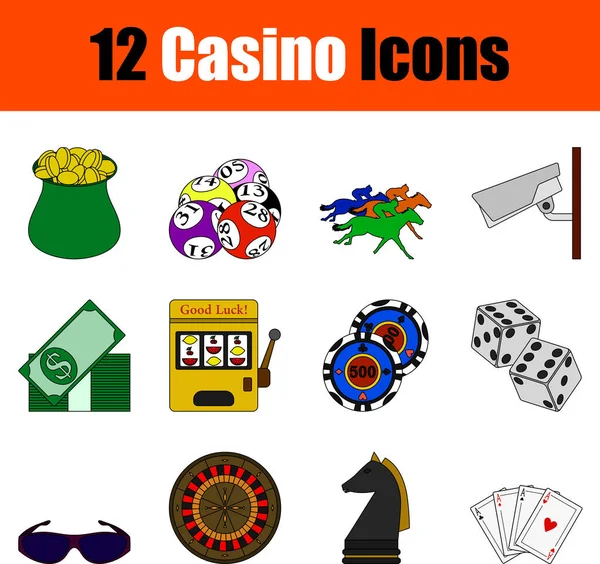 Casino Icon Set Rancangan Outline Warna Rata Dengan Sapuan Dapat - Stok Vektor