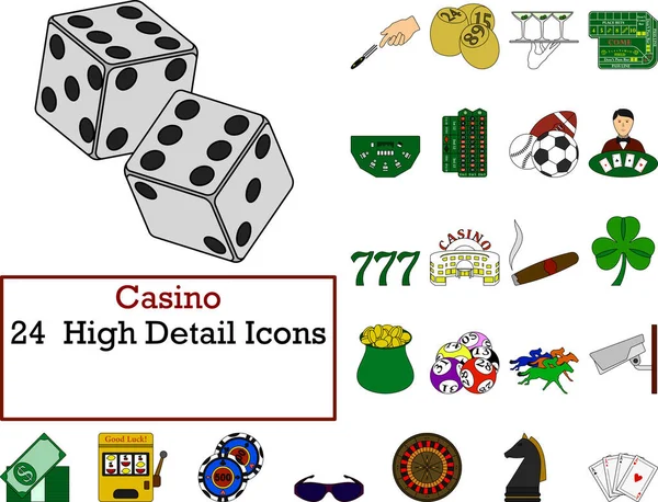 Casino Icon Set Rancangan Outline Warna Rata Dengan Sapuan Dapat - Stok Vektor