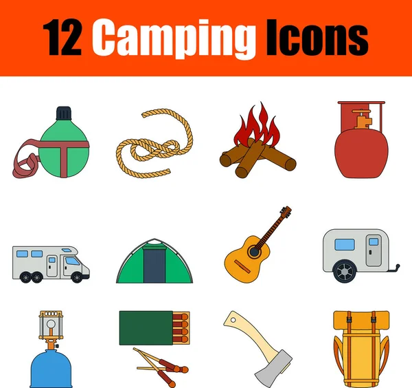Camping Icon Set Diseño Contorno Color Plano Con Trazo Editable — Vector de stock
