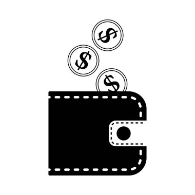 Altın Paralar Çanta Simgesine Düşüyor. Siyah kabartma tasarımı. Vektör İllüstrasyonu.