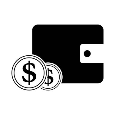 Çanta Simgesi 'nin önünde iki altın sikke. Siyah kabartma tasarımı. Vektör İllüstrasyonu.