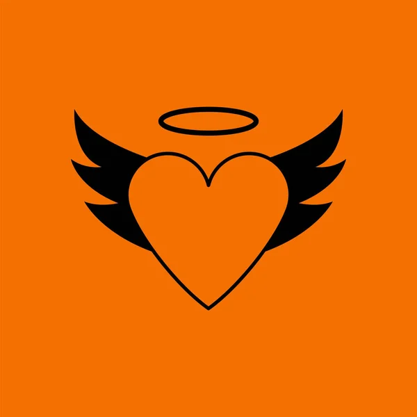 翼とハローアイコンを持つバレンタインハート オレンジの背景に黒 ベクターイラスト — ストックベクタ