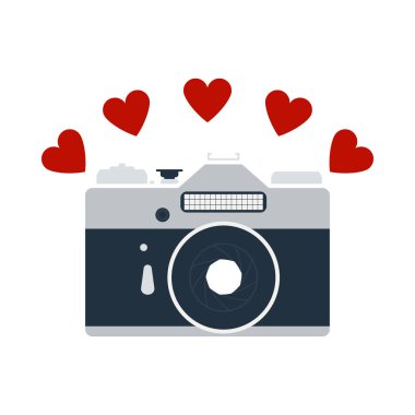 Hearts Icon 'lu kamera. Düz Renk Tasarımı. Vektör İllüstrasyonu.