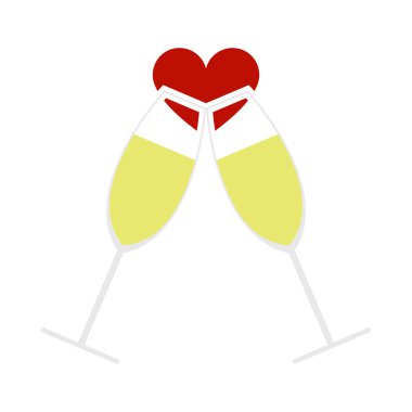 Kalp ikonlu şampanya kadehi. Düz Renk Tasarımı. Vektör İllüstrasyonu.