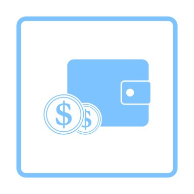 Çanta Simgesi 'nin önünde iki altın sikke. Mavi Çerçeve Tasarımı. Vektör İllüstrasyonu.