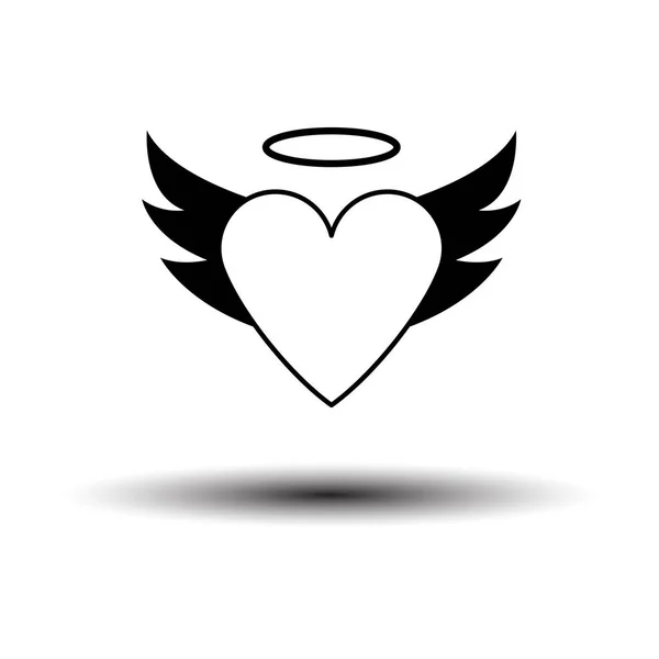翼とハローアイコンを持つバレンタインハート 影と白の背景に黒 ベクターイラスト — ストックベクタ