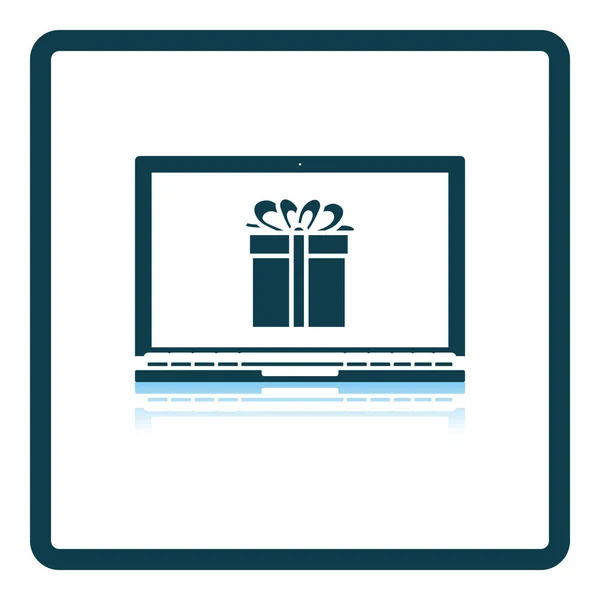 Laptop Met Geschenkdoos Scherm Ikoon Vierkante Schaduw Reflectie Ontwerp Vector — Stockvector