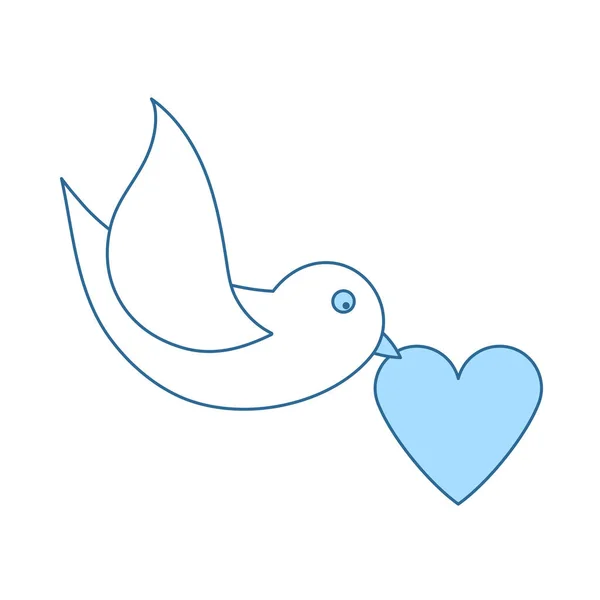 ハートアイコン付き鳩 青い塗りつぶしデザインの細い線 ベクターイラスト — ストックベクタ