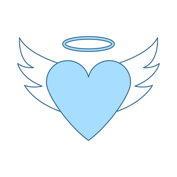 翼とハローアイコンを持つバレンタインハート 青い塗りつぶしデザインの細い線 ベクターイラスト — ストックベクタ