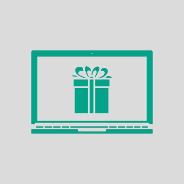 Ekran simgesinde hediye kutusu olan dizüstü bilgisayar. Gri Arkaplan 'da yeşil. Vektör İllüstrasyonu.