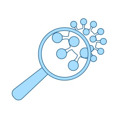 Coronavirus Molekül Simgesi Üzerinde Büyüteç. Mavi Dolgu Tasarımı ile ince çizgi. Vektör İllüstrasyonu.