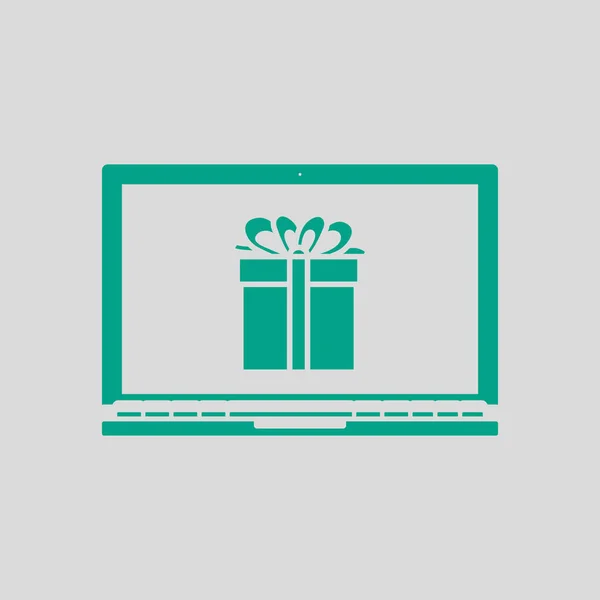 Laptop Met Geschenkdoos Scherm Ikoon Groen Grijze Achtergrond Vector Illustratie — Stockvector