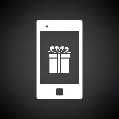 Ekran Simgesinde hediye kutusu olan akıllı telefon. Siyah Arkaplan 'da beyaz. Vektör İllüstrasyonu.