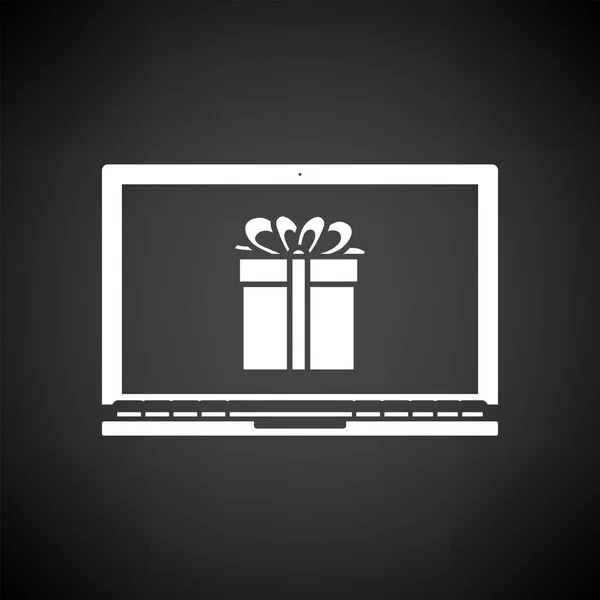 Laptop Met Geschenkdoos Scherm Ikoon Wit Zwarte Achtergrond Vector Illustratie — Stockvector