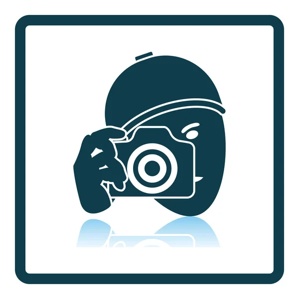 Detective Met Camera Ikoon Vierkante Schaduw Reflectie Ontwerp Vector Illustratie — Stockvector