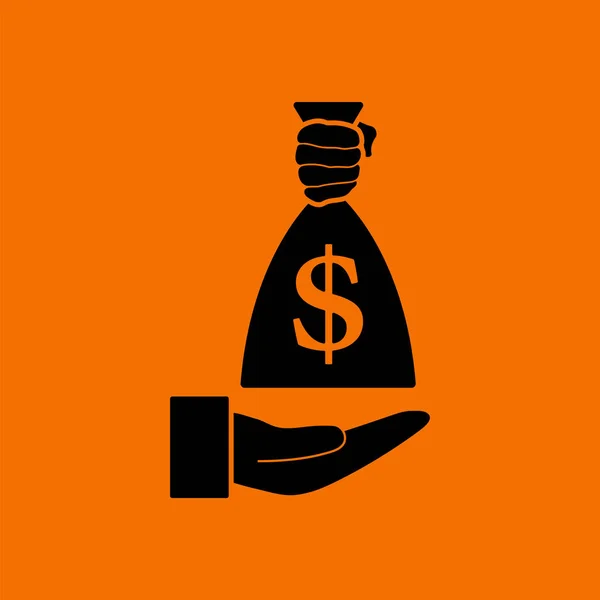 Hand Holding Money Bag Icon Black Orange Background Vector Illustration — Stock Vector