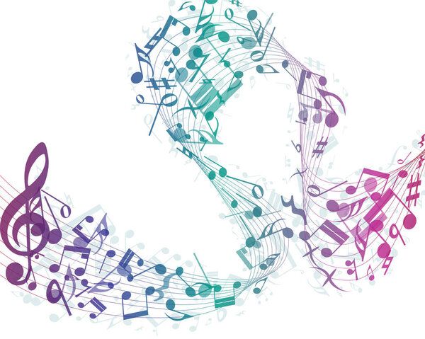 Multicolour  musical notes staff background. Vector illustration with transparency EPS10.