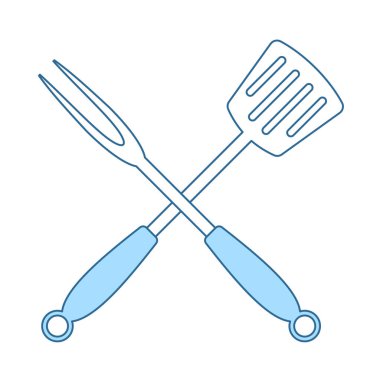 Kızarmış Spatula ve Çatal Simgesi 'ni çaprazladım. Mavi Dolgu Tasarımı ile ince çizgi. Vektör İllüstrasyonu.