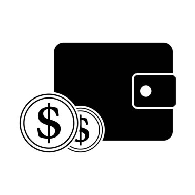 Çanta Simgesi 'nin önünde iki altın sikke. Siyah Şablon Tasarımı. Vektör İllüstrasyonu.