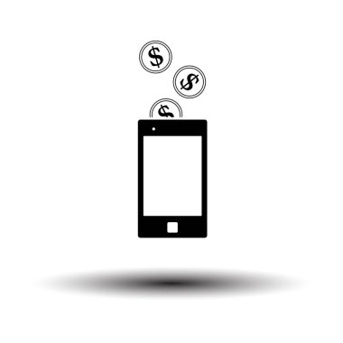 Altın Paralar Akıllı Telefon Simgesine Düşüyor. Gölge ile Beyaz Arkaplanda Siyah. Vektör İllüstrasyonu.